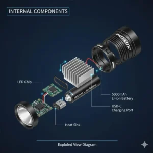 An exploded view diagram showing the LED chip and internal battery of a big rechargeable flashlight.