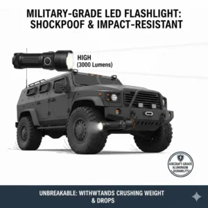 A durability test showing a military led flashlight surviving a high-impact drop on a hard surface.