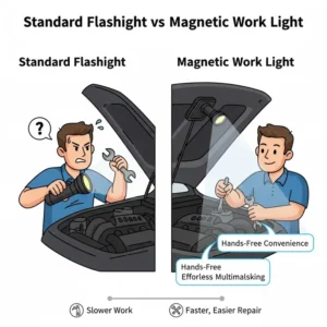 Comparison between a standard handheld light and the best magnetic flashlight for multitasking efficiency.
