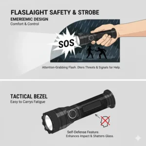 Illustration of an emergency strobe safety mode on a flashlight for walking at night.
