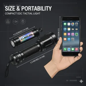 Size comparison chart showing the portability of a compact us navy seal flashlight for EDC.