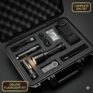 A photograph of the complete deluxe kit that comes with the expensive flashlight, including a carrying case, spare O-rings, a charging cable, and a holster.