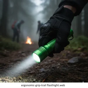 A hiker's hand gripping an ergonomic best hiking flashlight with a textured barrel for a secure and comfortable hold on the trail.