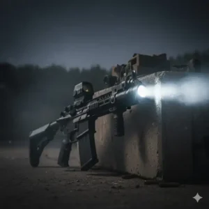 Fenix tactical flashlight securely mounted on a rail system, illustrating its use as a weapon light for law enforcement or hunting.