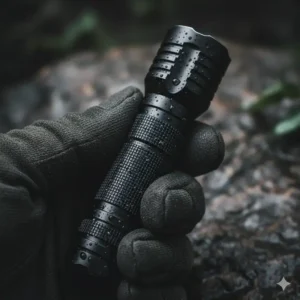 A detailed shot of the knurling or anti-slip texture on the body of a small tactical flashlight, emphasizing secure grip even when wet.