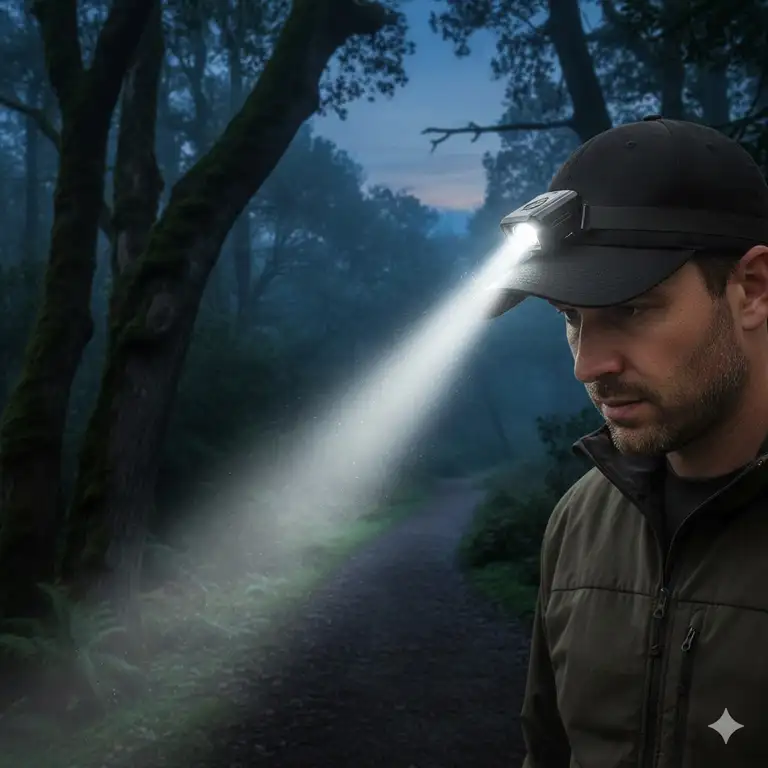 A person wearing the brightest hat clip light on a cap to illuminate a dark forest trail.