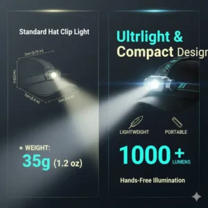 A technical diagram displaying the lightweight and compact size of the brightest hat clip light.