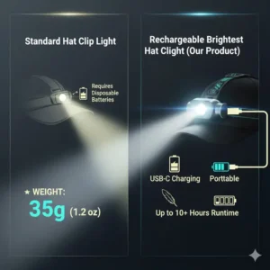 An infographic showing the USB charging port and battery life of the brightest hat clip light.