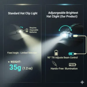 A close-up illustration of the 90-degree adjustable tilt mechanism on the brightest hat clip light.