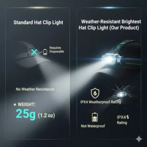 An icon-based graphic showing the waterproof and weather-resistant features of the brightest hat clip light.