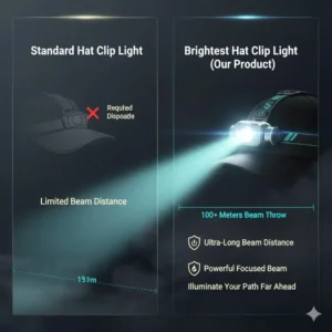 A top-down view illustration showing the maximum beam distance and throw of the brightest hat clip light.