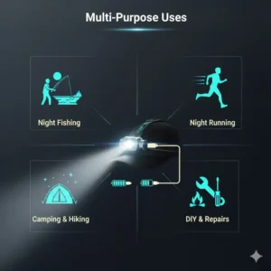 A set of icons showing various activities like fishing and running using the brightest hat clip light.