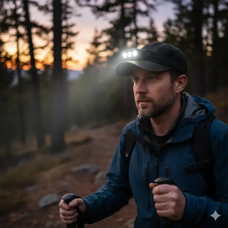 A hiker using a powerful clip on cap light for hands-free navigation during a sunset trek.