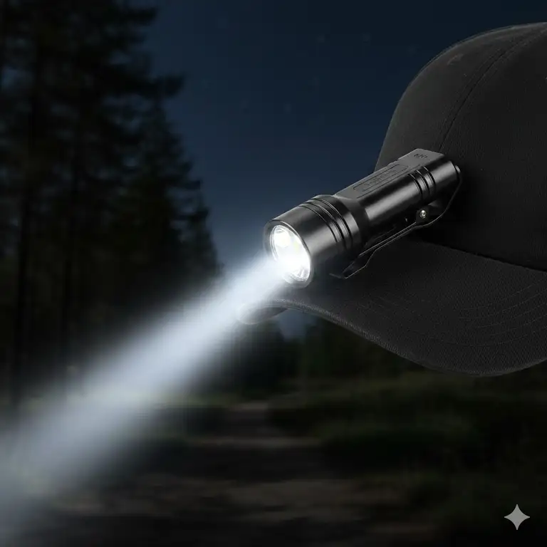 A high-intensity LED clip on flashlight attached to a baseball cap for hands-free lighting.