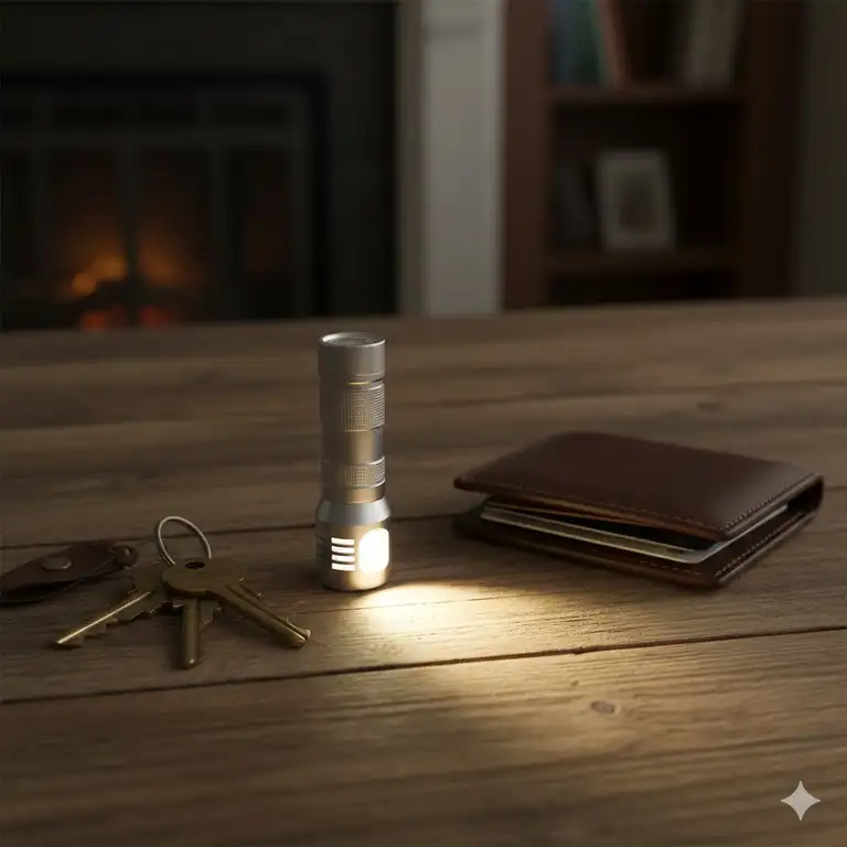 A premium aluminum pocket flashlight sitting on a wooden table next to a set of keys and a wallet.
