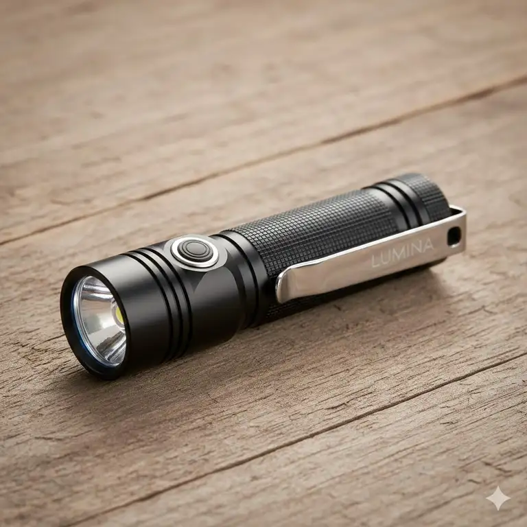 A professional studio shot of a premium mini flashlight with clip resting on a wooden surface.
