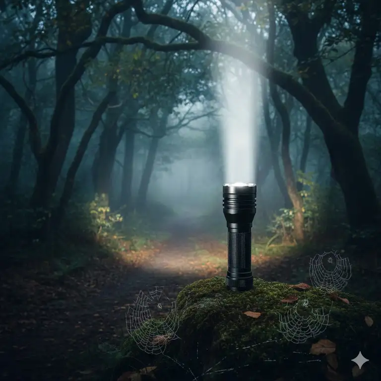 A premium small high powered flashlight illuminating a dark forest path with a bright beam.