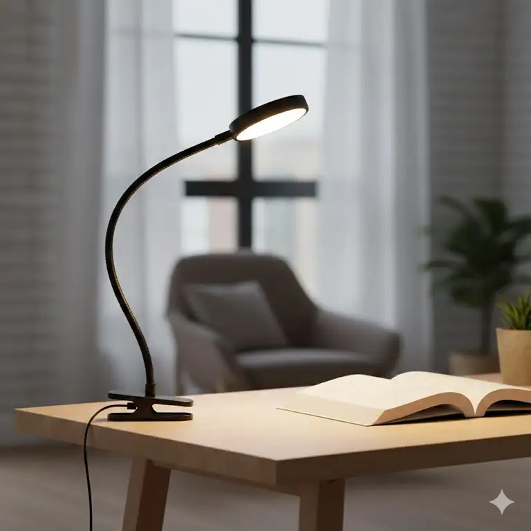 Modern clip on led light with adjustable gooseneck attached to a wooden desk.