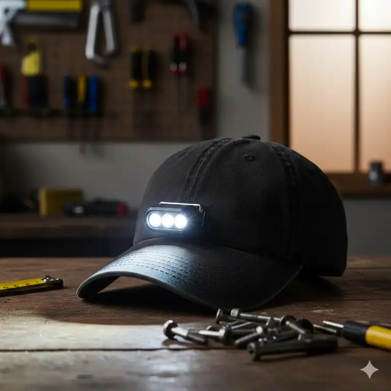 A high-intensity LED clip on hat light attached to the brim of a black baseball cap showing a powerful forward-facing beam.