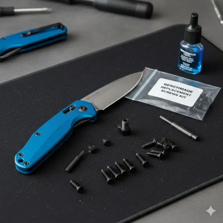 A complete set of black stainless steel benchmade screws arranged next to a disassembled pocket knife.