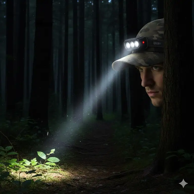 A high-brightness LED hat light clipped to the brim of a cap during a nighttime hiking trip.