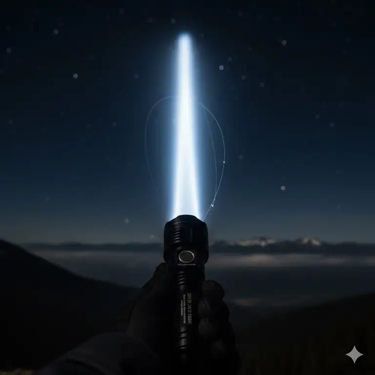 A high-powered longest range torch projecting a powerful beam into the night sky.
