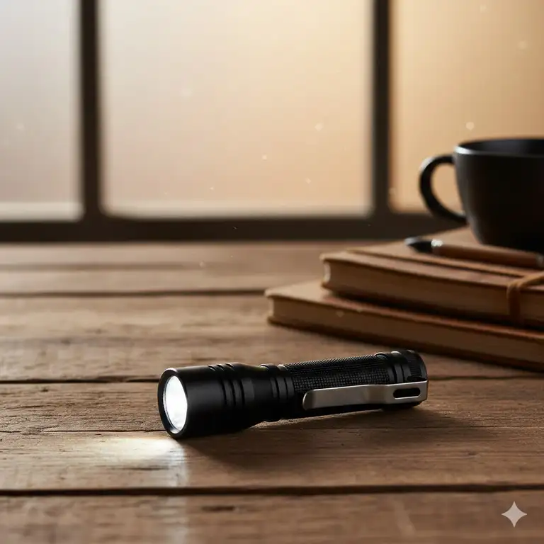 A high-lumen professional small flashlight with clip placed on a rustic wooden desk.