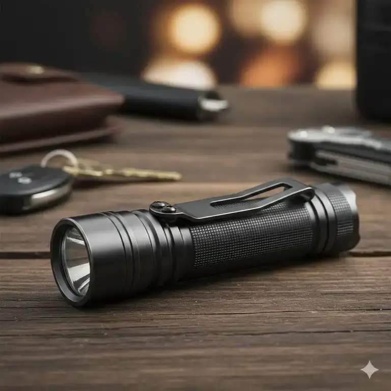 A heavy-duty titanium flashlight pocket clip attached to a black tactical EDC flashlight.