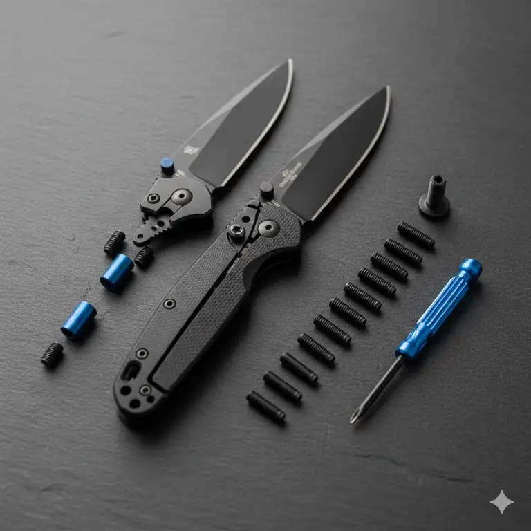 A professional kit of benchmade replacement screws for pocket knife maintenance.