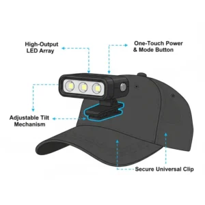 Technical diagram showing the adjustable tilt and LED components of a clip on cap light.