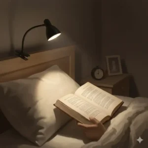 A compact clip on led light attached to a headboard for nighttime reading.