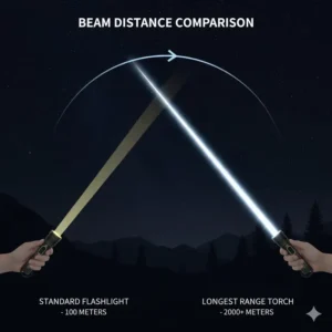 A technical infographic comparing the beam distance of a standard light vs the longest range torch.