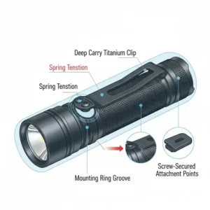 Technical illustration showing the tension points and mounting ring of a universal flashlight pocket clip.