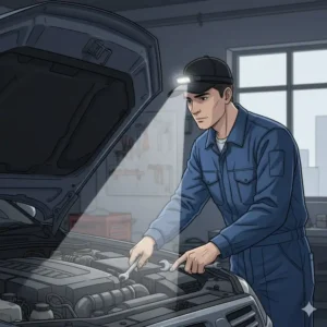 An illustration of a mechanic using a clip on hat light for hands-free illumination while working under a car hood.