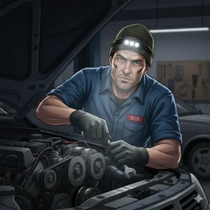 A professional mechanic using a hands-free hat light to illuminate a car engine during a repair.
