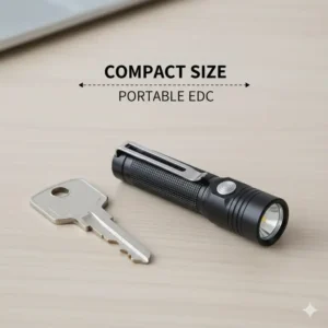 A size comparison of a compact small flashlight with clip next to a standard house key.