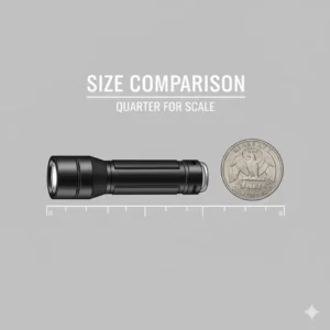 A size comparison of a compact pocket flashlight next to a standard quarter to show portability.