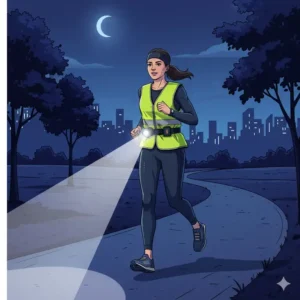 An illustration of a night runner wearing a reflective vest with a clip on flashlight attached to the waistband.