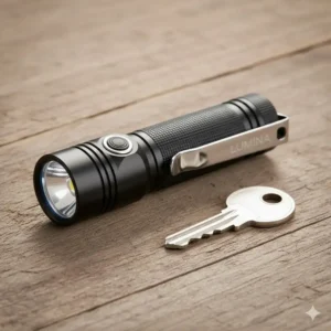 A side-by-side size comparison of a house key and a mini flashlight with clip.