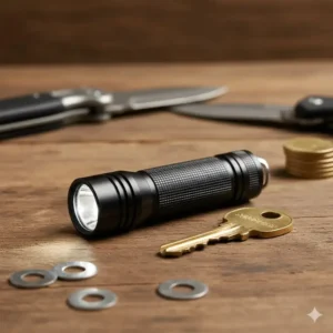 A pocket-sized small high powered flashlight next to a standard house key for scale.
