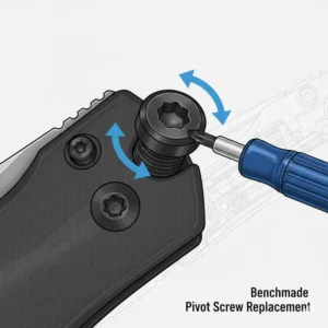 Close up view of a pivot screw from a set of benchmade replacement screws.