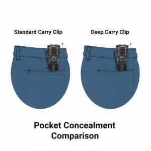 Comparison illustration between a standard clip and a deep carry flashlight pocket clip showing pocket concealment levels.