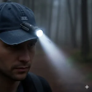 A person using a mini flashlight with clip attached to the brim of a baseball hat for hands-free lighting.