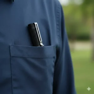 Close-up view showing the secure attachment of a small flashlight with clip to a pocket.