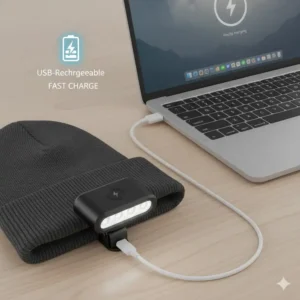 A compact USB rechargeable hat light plugged into a laptop for fast charging.