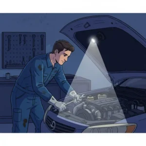 A person working on a car engine using a magnetic clip on flashlight attached to the hood for targeted visibility.