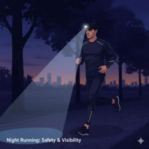 An illustration of a night runner wearing a clip on cap light for enhanced safety and visibility.