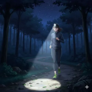 A runner wearing a clip on hat light for visibility and safety during a night jog on a forest trail.