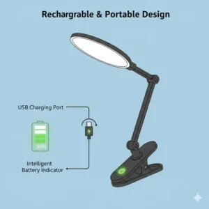 Portable and rechargeable clip on led light showing USB charging port and battery life.