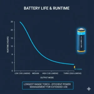 Chart showing the extended battery runtime and efficiency of the longest range torch.